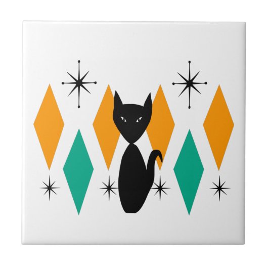 Mid Century Modern Atomic Starbursts Diamonds Cat Tegeltje (Voorkant)