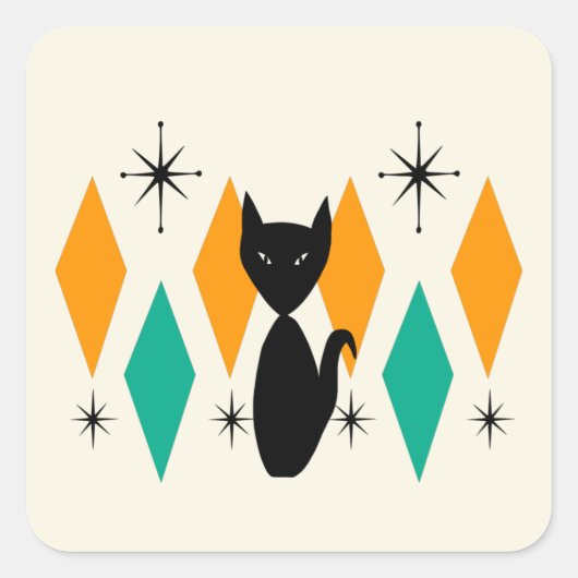 Mid Century Modern Atomic Starbursts Diamonds Cat Vierkante Sticker (Voorkant)