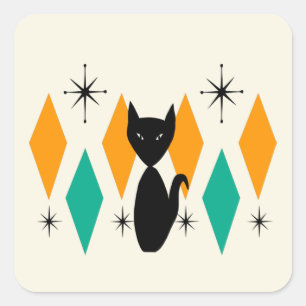 Mid Century Modern Atomic Starbursts Diamonds Cat Vierkante Sticker