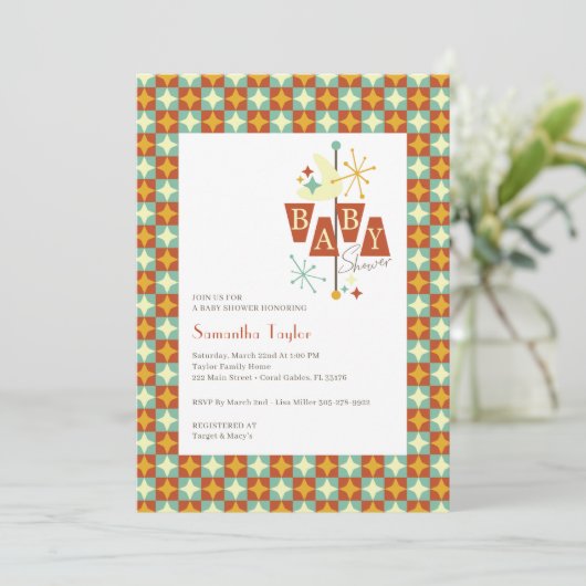 Mid Century Modern Baby shower Invitation - Retro Kaart (Staand voorkant)