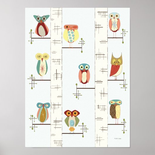 Mid Century Modern Birch Trees and Owls Poster (Voorkant)