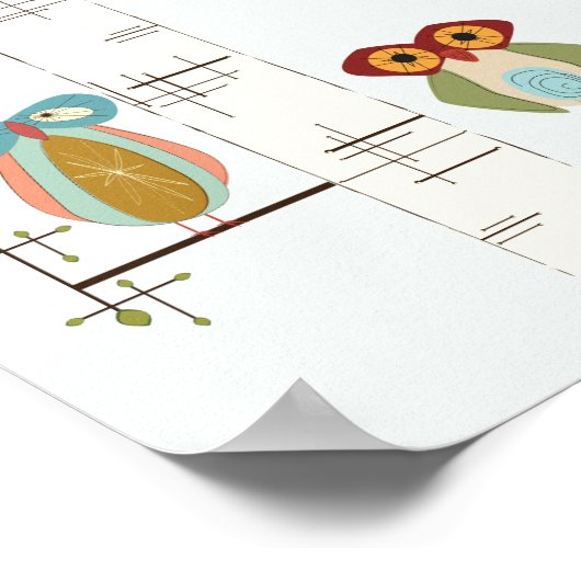 Mid Century Modern Birch Trees and Owls Poster (Hoek)