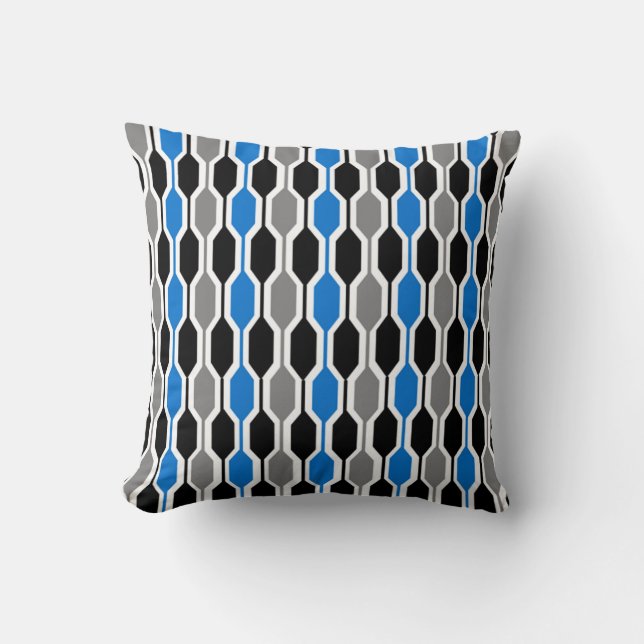 Mid-Century Modern Black, Blue en Grey Hexagons Kussen (Voorkant)