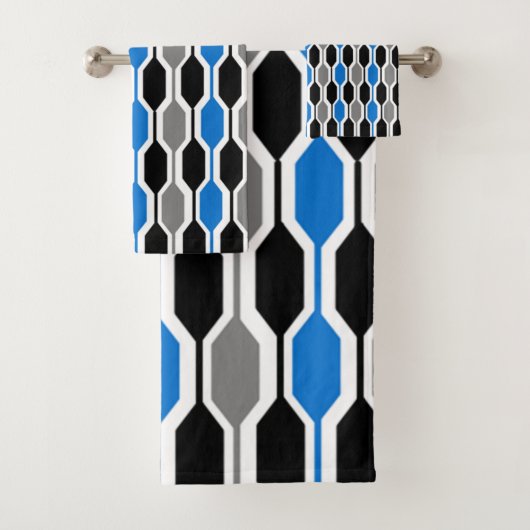 Mid-Century Modern Black, Blue, Grey Hexagons Bad Handdoek (Insitu)