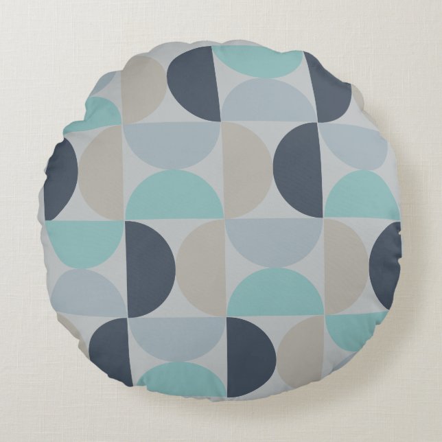Mid-Century Modern blauw en grijs Rond Kussen (Voorkant)