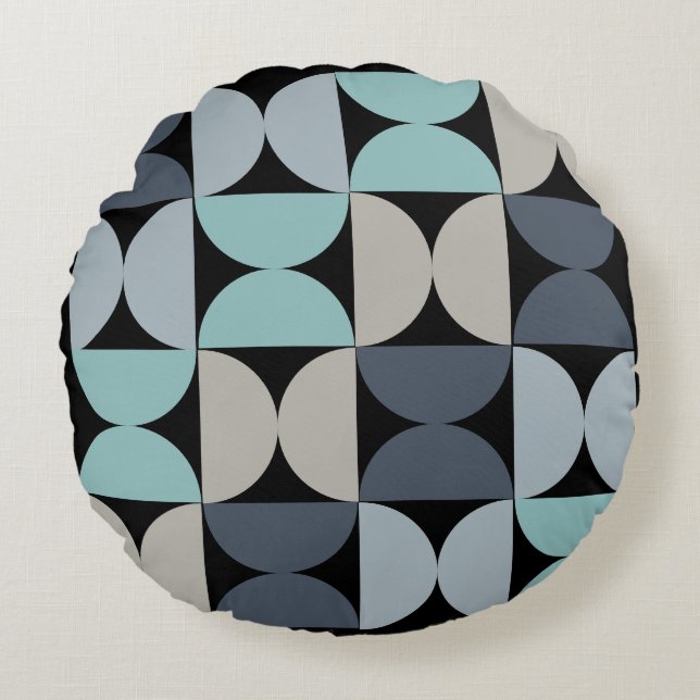 Mid-Century Modern blauw en grijs Rond Kussen (Voorkant)