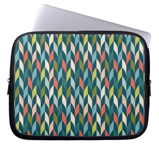 Mid-Century modern Blauwgroen en koraalpatroon Laptop Sleeve (Voorkant)