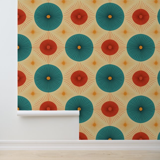 Mid-Century Modern Blauwgroen en rood behang (Applicatie)