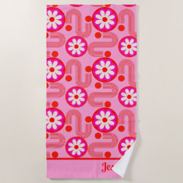 Mid Century Modern Bloempatroon met Naam Roze Strandlaken