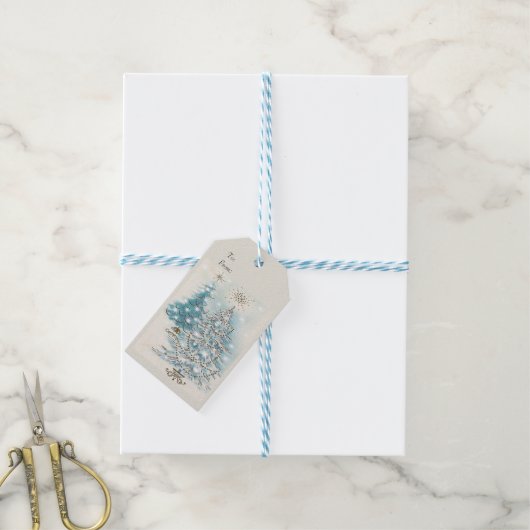 Mid Century Modern Blue Silver-kerstbomen Cadeaulabel (Met Touw)