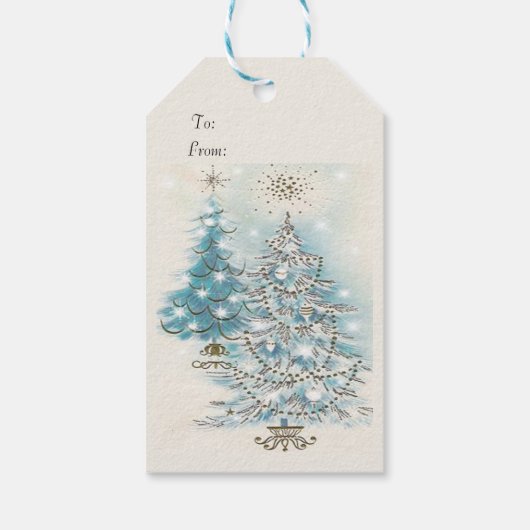 Mid Century Modern Blue Silver-kerstbomen Cadeaulabel (Achterkant)