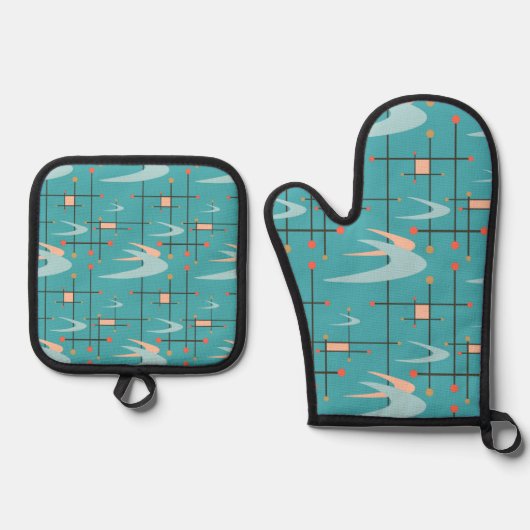 Mid Century Modern Boomerangs op Turquoise Ovenwant & Pannenlap Set (Voorkant)