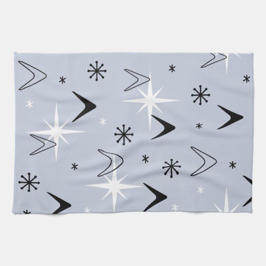 Mid Century Modern Boomerangs Silver Blue Theedoek (Horizontaal)