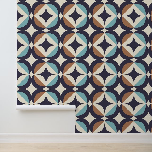 Mid-Century Modern Brown & Blauwgroen Pattern Behang (Applicatie)