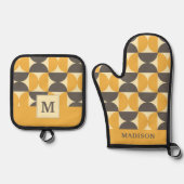 Mid-Century Modern Brown & Gold Pattern Ovenwant & Pannenlap Set (Voorkant)