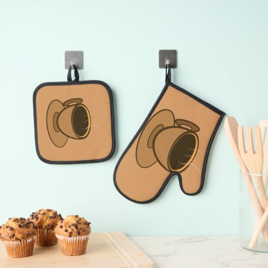 Mid Century Modern Bruin Gezellige Koffie Cup Ovenwant & Pannenlap Set (Insitu(Ophanging))