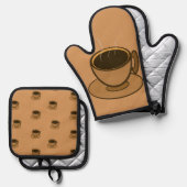 Mid Century Modern Bruin Gezellige Koffiewinkel Ovenwant & Pannenlap Set (Voorkant / Achterkant)