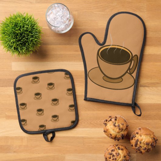 Mid Century Modern Bruin Gezellige Koffiewinkel Ovenwant & Pannenlap Set (Top down)