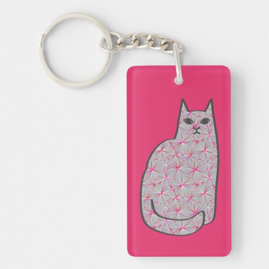 Mid-Century Modern Cat, Fuchsia Pink en Grey Sleutelhanger (Voorkant)