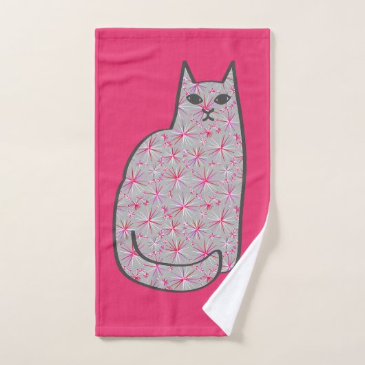 Mid-Century Modern Cat, Grey and Fuchsia Pink Bad Handdoek (Handdoek)
