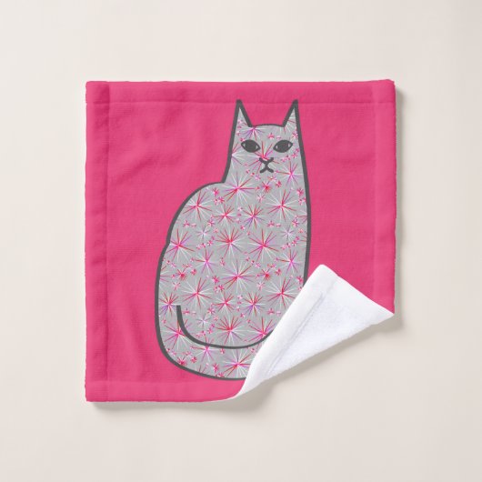 Mid-Century Modern Cat, Grey and Fuchsia Pink Bad Handdoek (Wasdoekje)