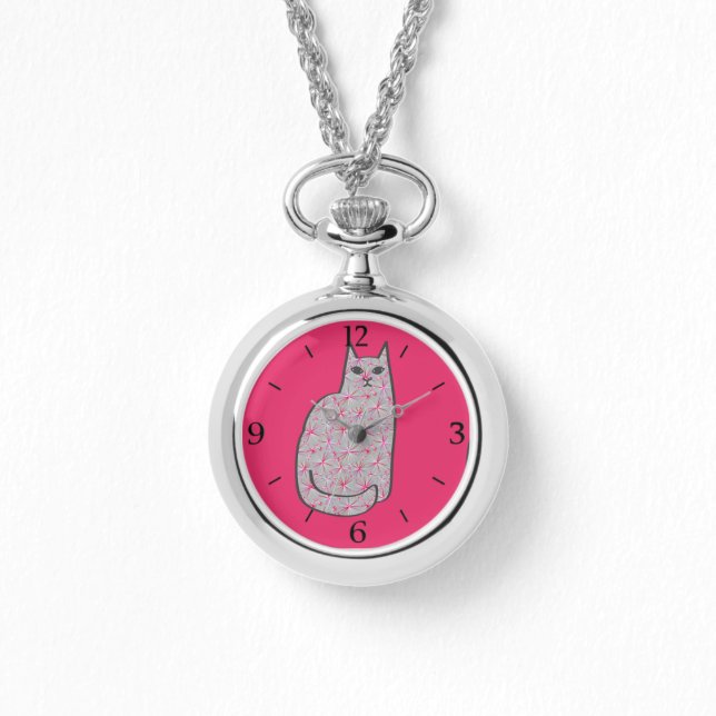 Mid-Century Modern Cat, Grey and Fuchsia Pink Horloge (Voorkant)
