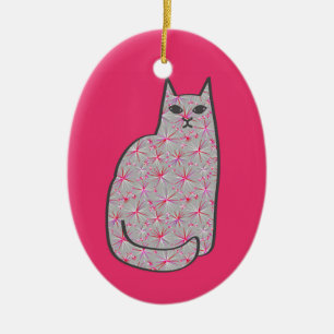 Mid-Century Modern Cat, Grey and Fuchsia Pink Keramisch Ornament