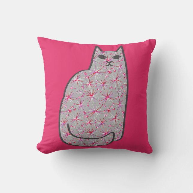 Mid-Century Modern Cat, Grey and Fuchsia Pink Kussen (Voorkant)