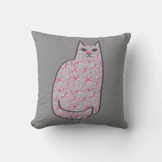 Mid-Century Modern Cat, Grijs / Grijs en Roze Kussen (Voorkant)
