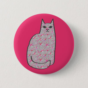 Mid-Century Modern Cat, Grijs / Grijs en Roze Ronde Button 5,7 Cm