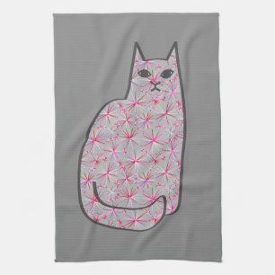 Mid-Century Modern Cat, Grijs / Grijs en Roze Theedoek