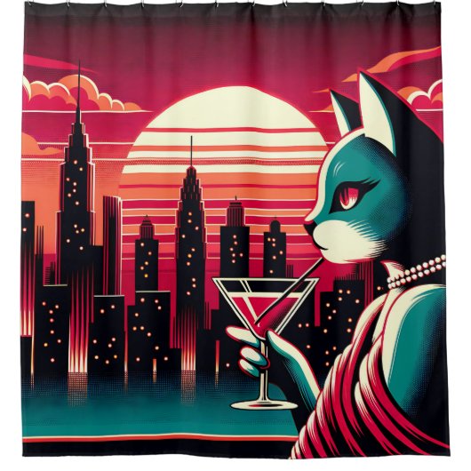 Mid-Century Modern Cat met zonsondergang Douchegordijn (Voorkant)