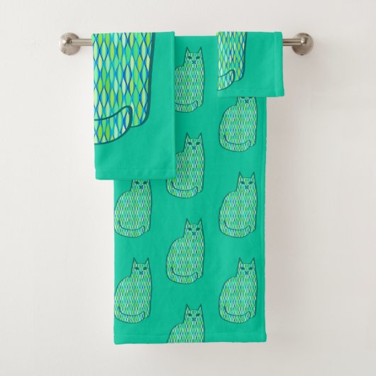 Mid-Century Modern Cat, Mint en Lime Green Bad Handdoek (Insitu)