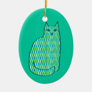 Mid-Century Modern Cat, Mint en Lime Green Keramisch Ornament