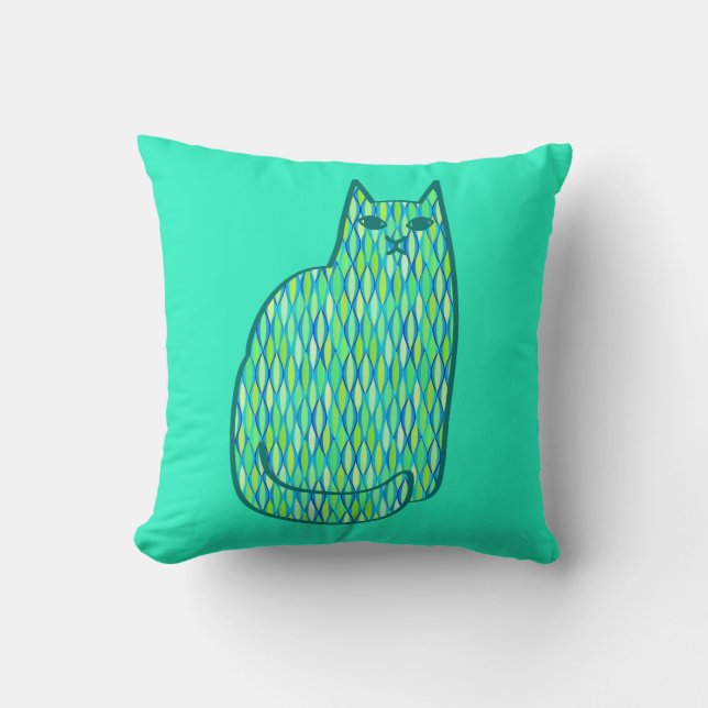 Mid-Century Modern Cat, Mint en Lime Green Kussen (Voorkant)
