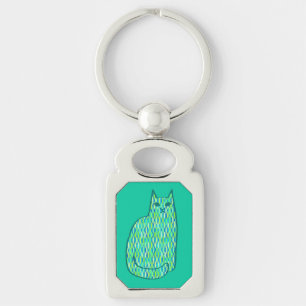 Mid-Century Modern Cat, Mint en Lime Green Sleutelhanger