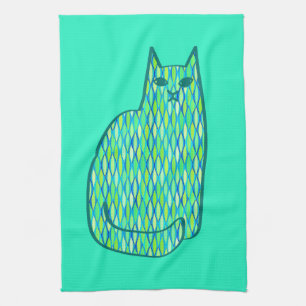 Mid-Century Modern Cat, Mint en Lime Green Theedoek