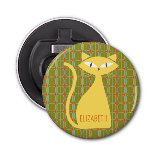Mid Century Modern Cat op het Geometrische Patroon Button Flesopener (Voorkant)