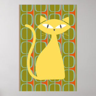 Mid Century Modern Cat op het Geometrische Patroon Poster