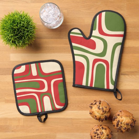 Mid Century Modern Christmas Palm Springs Patroon Ovenwant & Pannenlap Set (Top down)