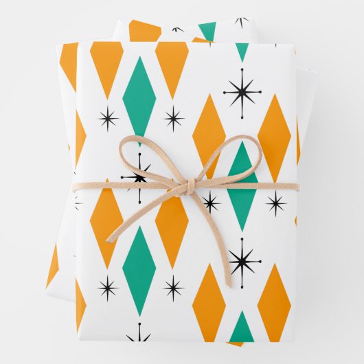 Mid Century Modern Diamonds Starburst Blauwgroen S Inpakpapier Vel (In situ)