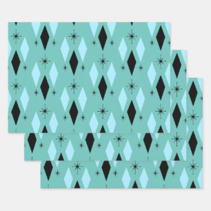 Mid Century Modern Diamonds Starbursts Blauwgroen  Inpakpapier Vel