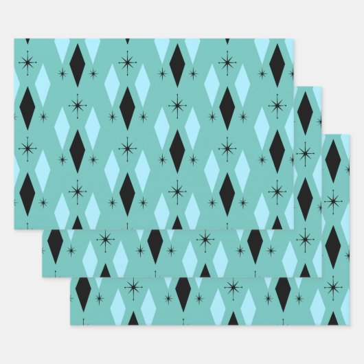 Mid Century Modern Diamonds Starbursts Blauwgroen  Inpakpapier Vel (Set)