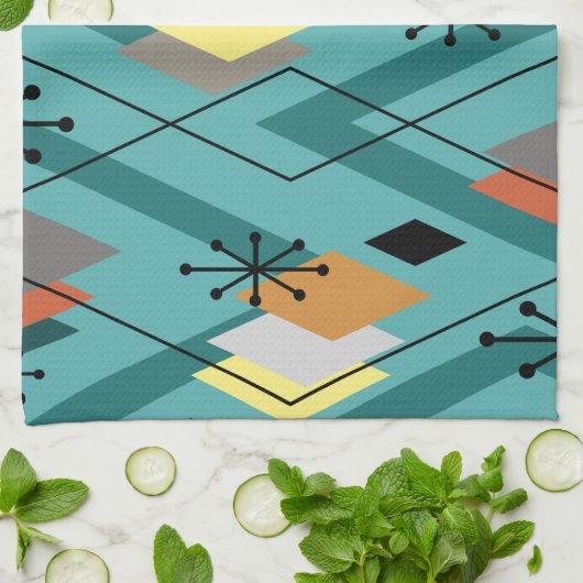 Mid Century Modern Diamonds Turquoise Theedoek (Gevouwen)