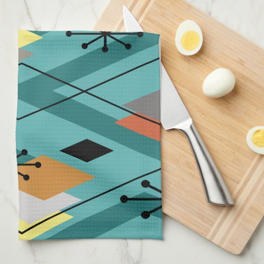 Mid Century Modern Diamonds Turquoise Theedoek (Quarter Fold)