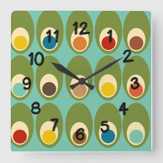Mid-Century Modern Eggs Square Wall Clock Vierkante Klok (Voorkant)