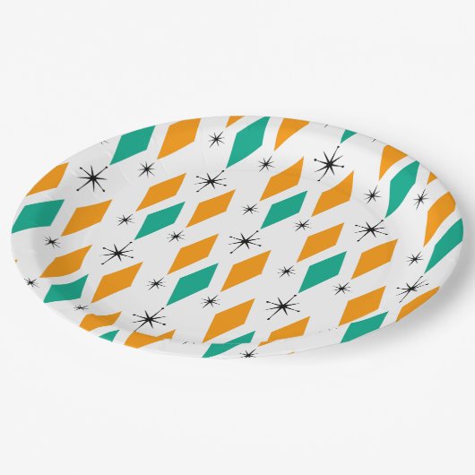 Mid Century Modern Era Diamonds Oranje Turquoise Papieren Bordje (Gekanteld)