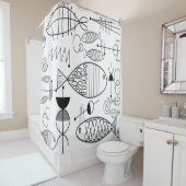 Mid-Century Modern Fish Art Black White Douchegordijn (In situ)