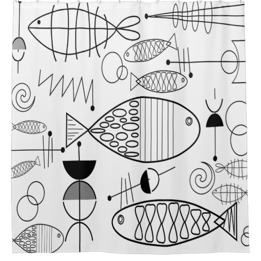 Mid-Century Modern Fish Art Black White Douchegordijn (Voorkant)