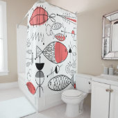 Mid-Century Modern Fish Black White Salmon roze Douchegordijn (In situ)